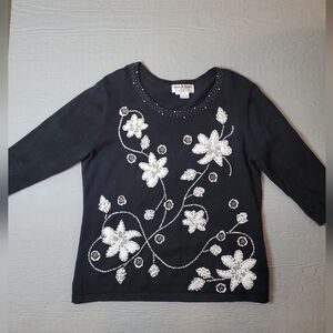 ♡Vintage Jack Be Quick Black Embellished Floral Sweatshirt w/Sequin Flowers B-20